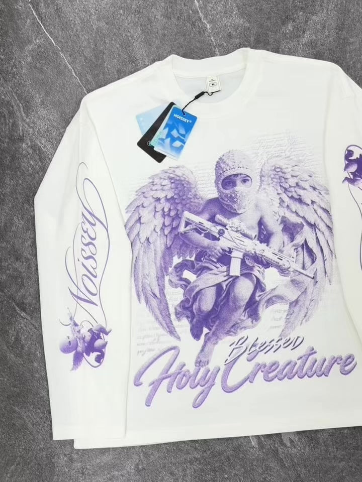 NOISSEY Purple Tone Pearl Hooded Angel Lace Prop Gun White Long Sleeve Shirt
