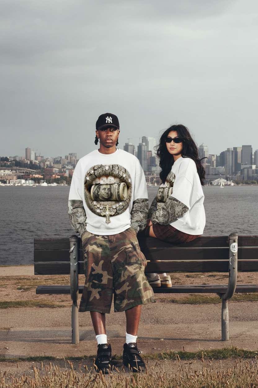 Real tree-Pattern Lip Jewel Biting Money Camouflage Print Long-Sleeve