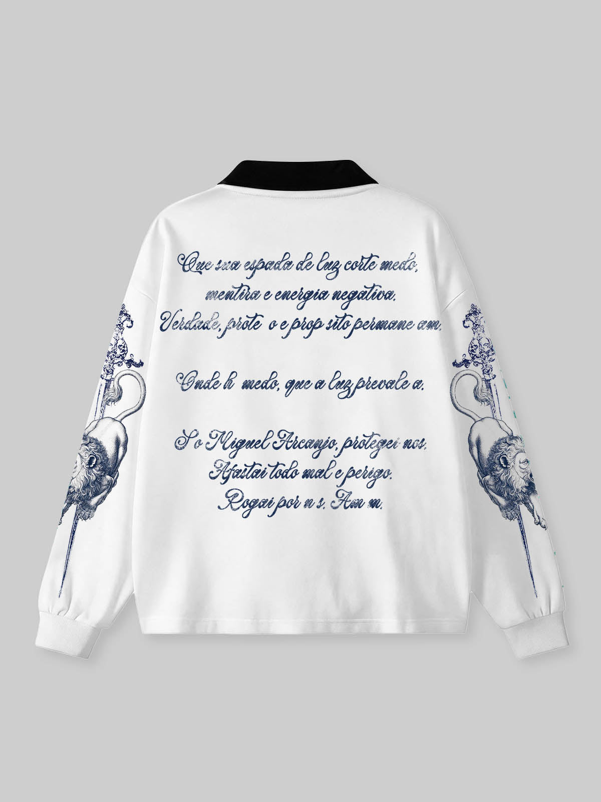 NOISSEY Archangel Michael Cyanotype Polo Sweatshirt - White Baroque Engraving Graphic Long Sleeve