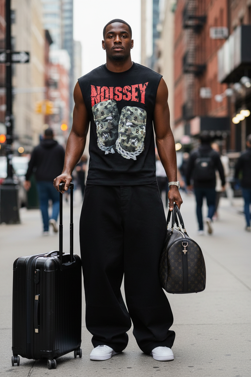 Street style shot with Camo Double Head Mask Print Tank Top