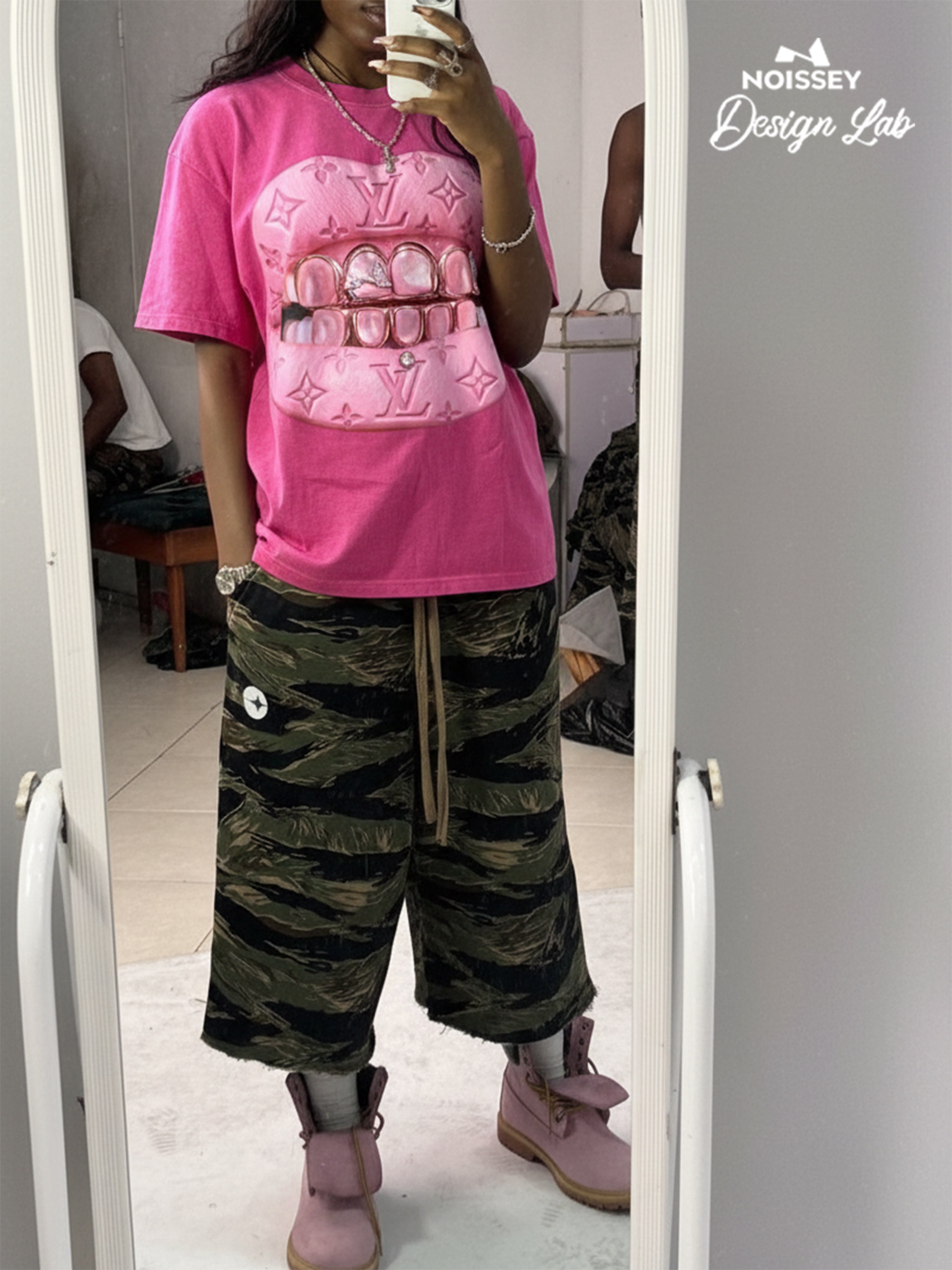 Leather Cat's Eye Grillz Print Pink Boxy Oversized T-shirt