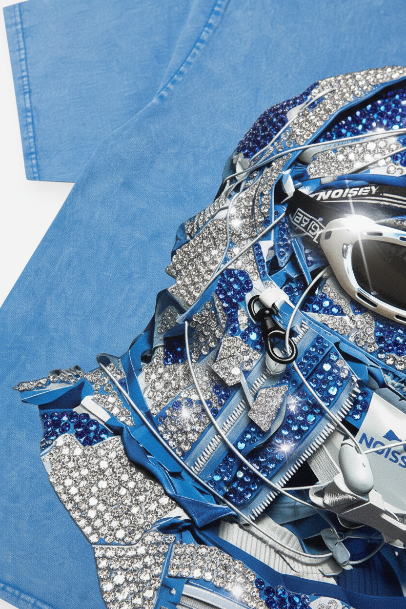 蓝色 T 恤衣角到袖子细节