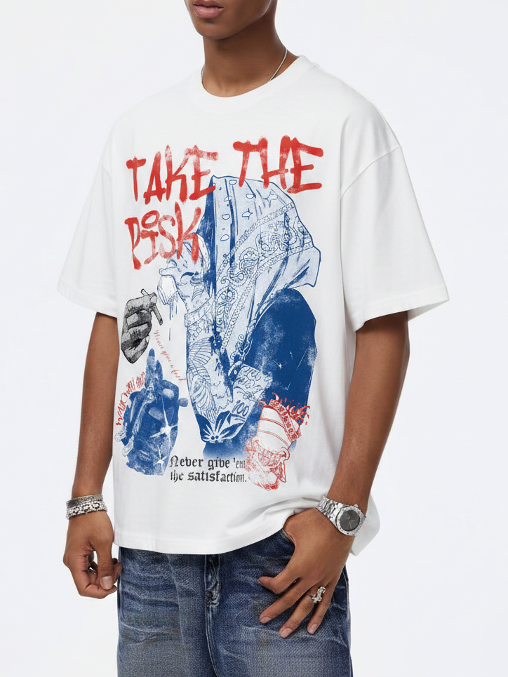 NOISSEY Take the Risk Headscarf Double-Color Graffiti Portrait Art T-Shirt