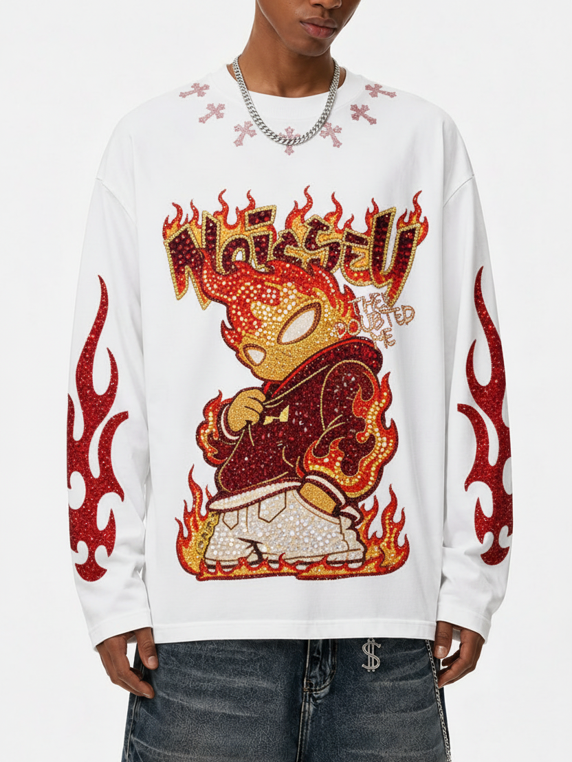 NOISSEY "They Doubted Me" Iced-Out Character Graphic Long Sleeve - Studio White