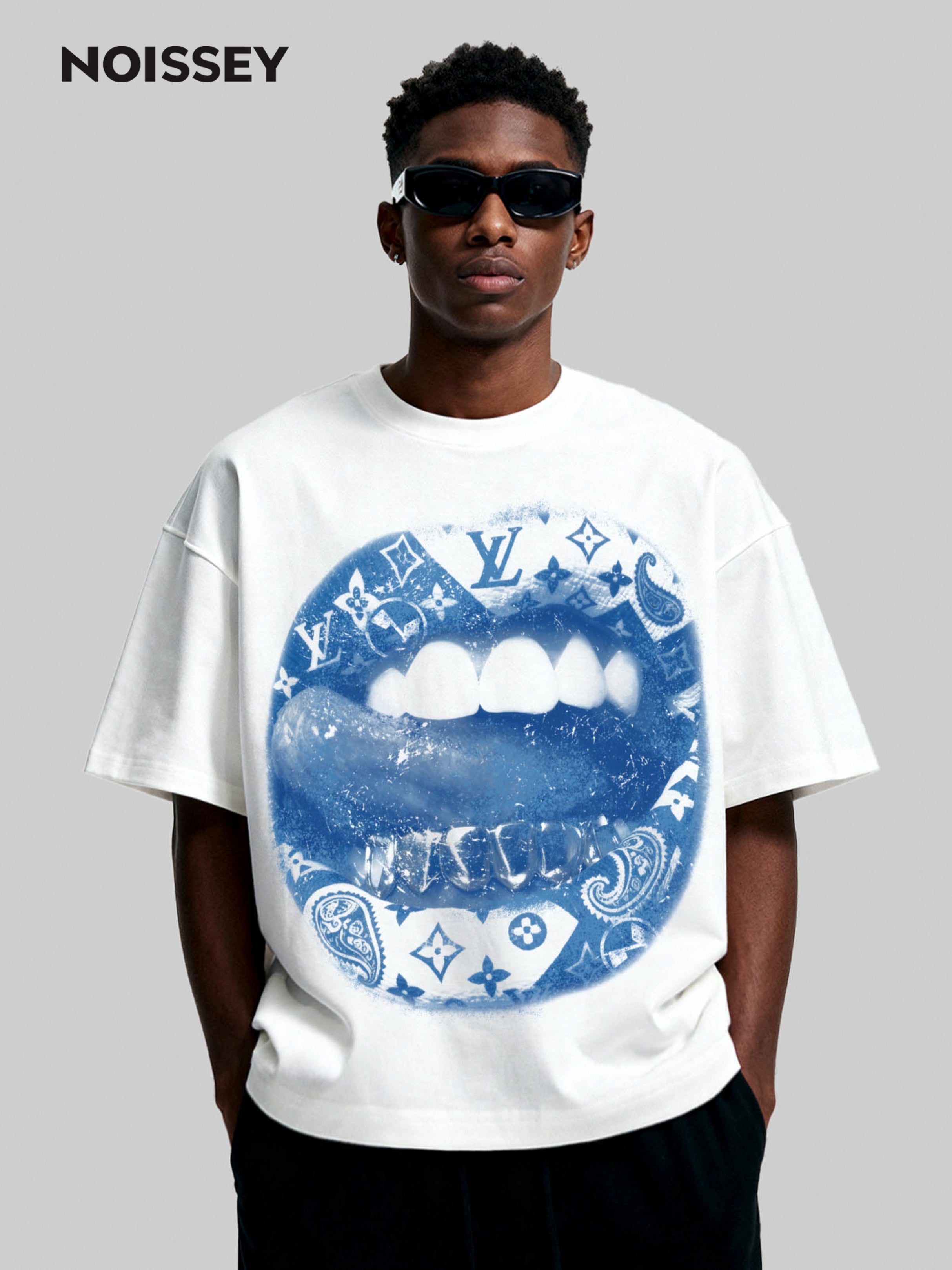 Blue Cyanotype Art Lip Print Boxy Oversized T-shirt