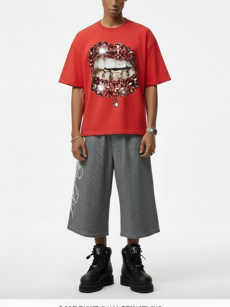 NOISSEY "Crimson Lustre" Chili Red Tee - Boxy Lip Print T-Shirt